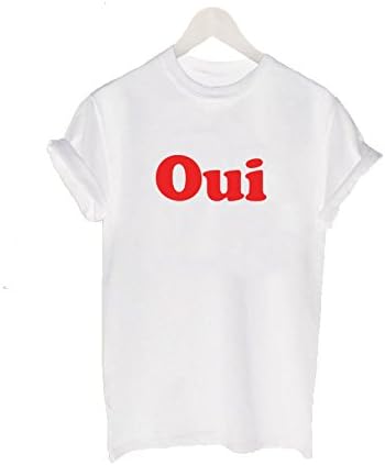 Oui Red French Retro Indie Hipster Ladies Unisex Popular Celeb Slogan Tee T Shirt Top (L, White)