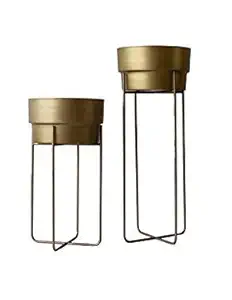 Truphe Golden Centuria Metal Plant Pot Set | Indoor Round Planter with Metal Stand (Set of 2)