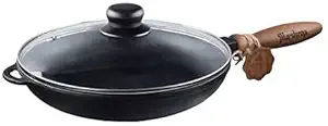 Texas Element Maysternya T303C3 Solid Cast Iron Frying Pan 26 cm with Wooden Handle & Glass Cover