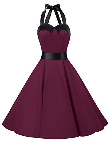 Dressystar DS1957 Robe de Bal Polka Vintage pin-up à 'Audrey Hepburn' 50's 60's Rockabilly Halter,Dos Nu, Bordeaux et Noir M