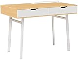 LANGRIA Meuble Bureau Informatique Table de Travail Ordinateur Robuste Grande Surface avec 2 Tiroirs 2 Compartiments Pieds en Métal pour Étudier Travailler (Couleurs Bois Naturel et Blanc)
