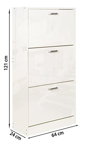 ts-ideen Étagère Armoire Meuble à Chaussures de Rangement 3 Compartiments 121 x 64 cm Bois Blanc Très Brillant