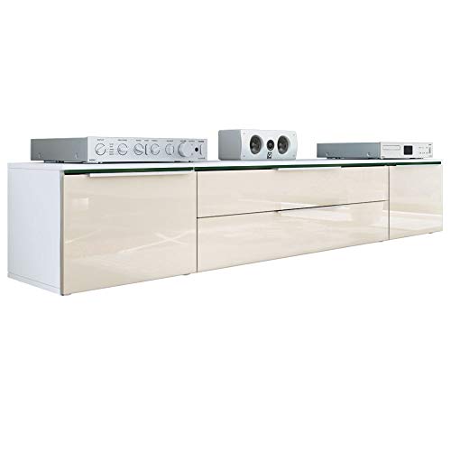 Vladon Meuble TV Bas Triest, Corps en Blanc Mat/Façades en Crème Haute Brillance