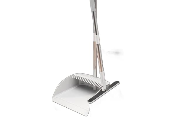 Broom and Dustpan Combo with Long Handle, Upright Space-Saving Design, Windproof Dustpan for Indoor & Outdoor Cleaning White Black PAR-P464