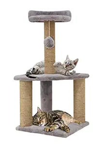 Mellifluous Soft Fur Activity Cat Tree for Kittens & Cats - Scratching Post, Natural Sisal Rope, Two Floor Tower, Hanging Ball (Grey)