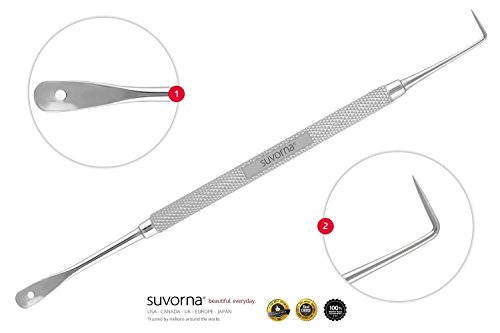 Suvorna Skinpal s75 - L-Shaped Lancet for Pimple, Milia, Pus, Comedone & Blemish Removal Tool 2in1. Made of Surgical Grade Surgical Steel. Approved by Aestheticians, Comes with guide & Carrying Pouch.