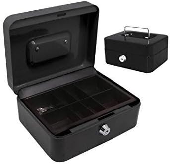 6" Petty Cash Box Safe Lock Removable Workplace Money Change Tray Tin. (Black)