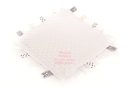 Personalised Embroidered Baby Dimple Comforter Tags Blanket with name Newborn Girl White With Pink Text
