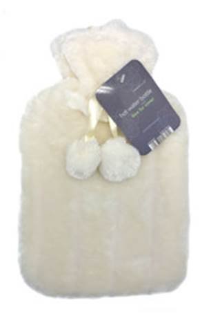 Luxurious Cosy Faux Fur Cover Hot Water Bottles with Pom Poms: 2 Litre Size (Ivory)