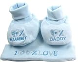Newborn 100% Cotton Gift set Hat and Bootee set 50% MUMMY and 50% DADDY (Blue)