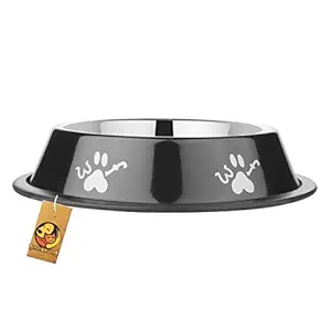 Foodie Puppies Stainless Steel Woof Print Anti Skid Food Water Feeding Bowl for Dogs & Puppies (Medium, 700ml, Onyx Black)