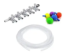 PREMIER PLANTS Stainless Steel Aquarium Tank Air Flow Controller 5 Way Distributor Splitter Control Lever with 5 Meter Air Tube, 5 Air Stones