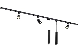 Qub Focus III -Luminaire plfannier - 3 Spots et 2 Lampes Suspendues Noir - 200cm - Cuisine, Salon, Salle a Manger - Spot de Plafond