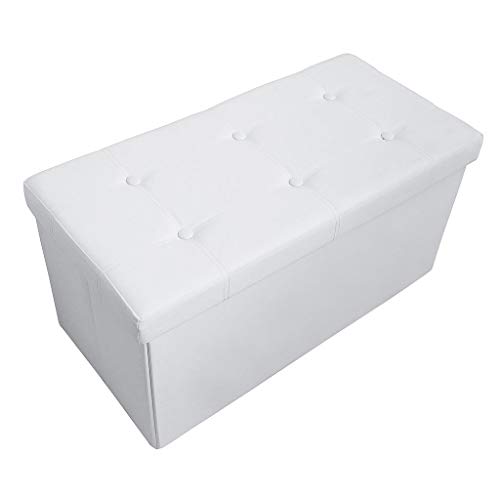 Todeco - Almacenamiento Banco, Almacenamiento Otomano Plegable de Cuero - Carga máxima: 150 kg - Material: Imitación de Cuero - 76 x 38 x 38 cm, Blanco, Acabado Cosido y copetudo