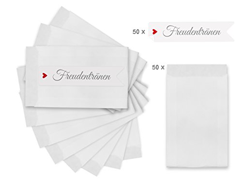 Freudentränen Set 50 weiße Flachbeutel inklusive 50 Aufkleber / Sticker als Verpackung für Freudentränen Taschentücher – TOP QUALITÄT aus Deutschland by KuschelICH - 2