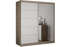 Fabryka Mebli Idźczak Schiebetürenschrank, eleganter Kleiderschrank Schrank Garderobe Spiegel Bella 03, Schlafzimmer- Wohnzimmerschrank Schiebetüren Modern Design (Sonoma/Weiß)