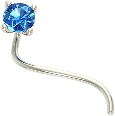 Pretty Jewellery 18K Solid White Gold Nose Stud Ring Pin Bone With Lab Created Blue Topaz