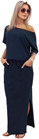 Women Plain Dress, Hmeng Women's Summer Boho Split Long Maxi Dress One Shoulder Beach Wear Evening Party Casual Dresses (Navy, XL)