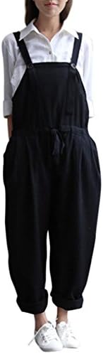 Hmeng Women's Plus Size Linen Overalls Baggy Adjustable Strap Sleeveless Jumpsuits Casual Loose Wide Leg Dungarees Rompers (XXXL, Black)