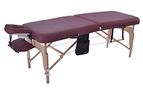 MASSUNDA COMFORT DELUXE Massage-Liege klappbar und höhenverstellbar - 185x71 cm breiter & mobiler Massagetisch aus Vollholz mit Flanellbezug, Arm- und Rückenlehne, Nackenkissen, Kopfstütze (burgund)