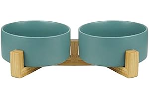 SP SEMPRE + doppie ciotole in ceramica per gatti e cani di piccola taglia da 12.8cm l'una in bambù, 2x400ml rialzate e sollevate da terra con base antiscivolo (DOPPIE 12.8 CM, VERDE)