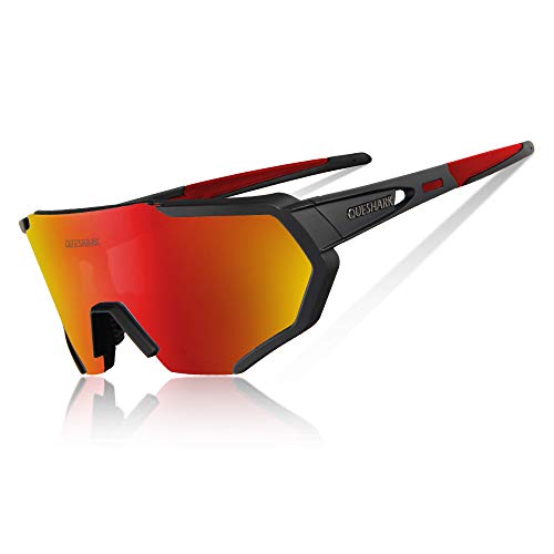 Queshark Gafas Ciclismo Polarizadas para MTB Bicicleta Gafas con 5 Lentes Intercambiables UV400 (Negro Rojo)