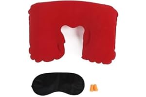 EUROAMZ Almohada Hinchable con Tapones para Oidos y Antifaz, Almohada Cervical y Cuello mas Kit de Viaje. Extra Fino (Rojo)