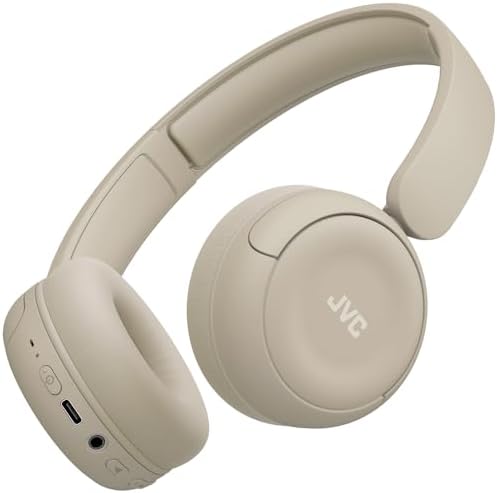 JVC Cuffie wireless HA-S59W-C con batteria da 50 ore, cuscinetti auricolari morbidi, design pieghevole, Bluetooth 5.3, Multipoint, app -EQ e microfono, Beige opaco