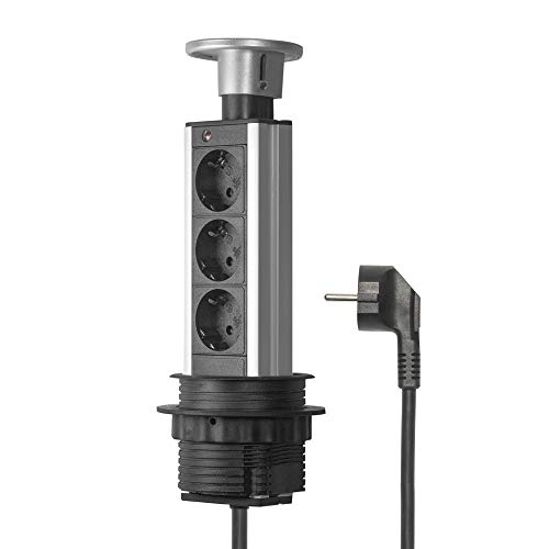 Elbe Socket para Mesa Empotrado, Multi-Socket con 3 enchufes alemanes, Enchufe alemán, Tapa cromada, Cable de 1,5 m, Apto para Oficina, Trabajo y cocina-EL1803S