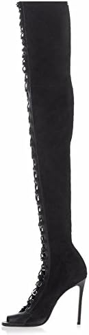 SYYAN Women's Denim Fish Mouth Straps Manual Pump Thigh Boots, black, 45
