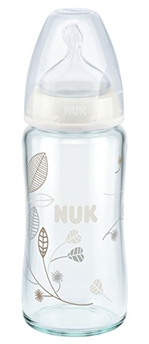 NUK First Choice Plus Babyflasche aus Glas, 240ml, Silikon-Trinksauger, Größe 0-6 Monate, M, weiss