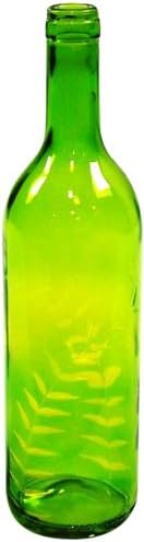 Galt International Green Glass Tall Bottle with Fern Leaf Etching