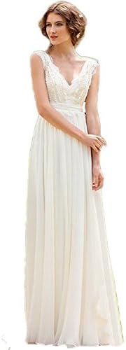 VIPbridal Vintage Bohemian Lace Beach Wedding Dresses Simple Chiffon Boho Bridal Gown (UK12, White)