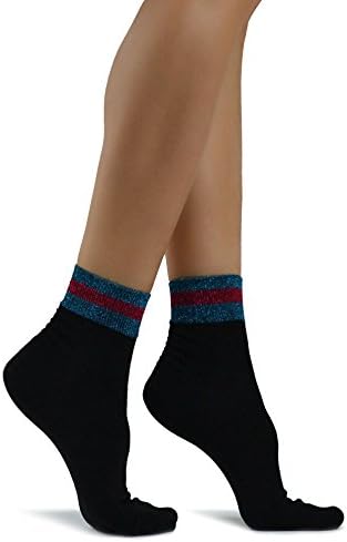 Women's Elegant Retro Black Cotton Ankle Socks with Glitter Stripes