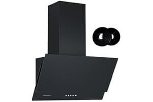 Cookology Angled Cooker Hood in Black & Charcoal Carbon Recirculating Extractor Filters - 60cm Width - Wall Mounted - LED Lights - 3 Speed Settings - Adjustable Height