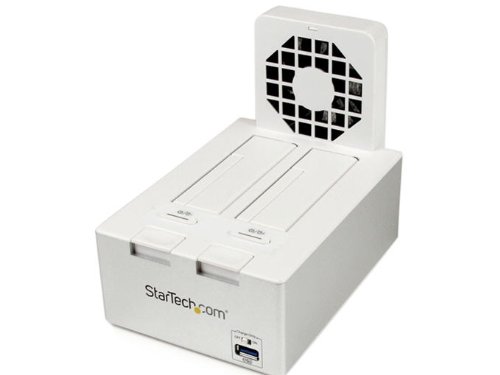 StarTech.com USB 3.0 Dual SATA/SSD Festplatten Dockingstation mit USB Schnelllade-Hub, UASP-Unterstützung und Lüfter - Weiß