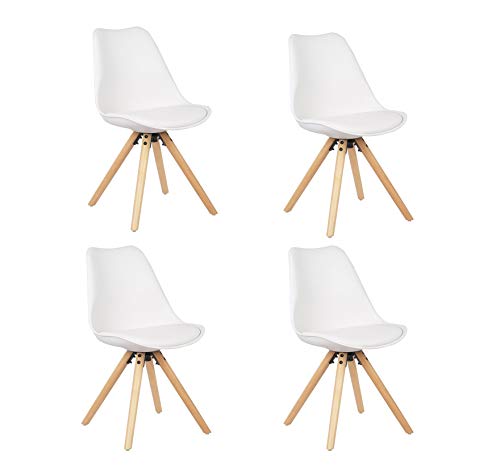 WV LeisureMaster Lot de 4 Rétro Chaise à Manger en Tulipe avec Jambes de Bois Rembourrées et Naturelles (Blanc)