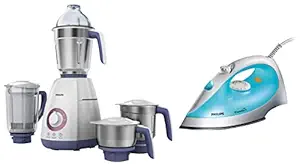 Philips Viva Collection HL7701/00 Mixer Grinder, 750 Watts, 4 Jars (Elegant Lavender and White) & GC1011 1200-Watt Steam Iron (Color May Vary)