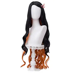 SL Wigs for Nezuko Cosplay for Demon Slayer Anime Cosplay Long Curly Orange and Black Wigs with Cap