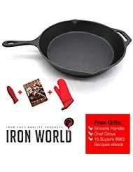 Iron World 12-Inch Hand Made Cast Iron Skillet with Silicone Handle, Chef Glove and BBQ Recipes eBook, Black