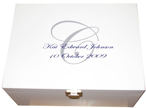 White Personalised Wooden Christening or Baptism Keepsake Boxes Gifts with Monogram of Date and Name plus Silver message plate on the inside lid.