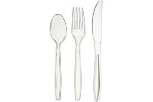 POLYPLAS Pack of 150 Clear Reusable Cutlery Set Includes 50 Forks, 50 Spoons and 50 Knives Heavy Duty Clear Plastic Cutlery Set Perfect for for Birthday Parties Weddings Camping