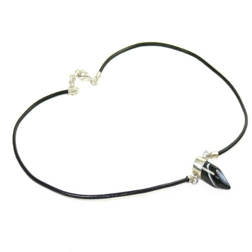 Men's Agate and Sterling Silver Tooth Pendant on Leather Neckwear