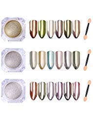 CoulorButtons 3Boîtes Miroir Poudre à Ongles Champagne Argent Neon Unicorn Or Chrome Poudre Caméléon Mermaid Shinning Poudres à ongles avec 50pcs Ombre à Paupières Clés