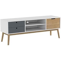 VS Venta-stock Meuble TV Leti Blanc, Fabriqué en Bois de pin Massif, 1 Porte y 2 tiroirs, 140 cm