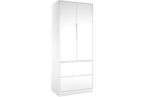 URBNLIVING 2 Door 2 Drawer Minimalist Bedroom White Wardrobe Storage & Hanging Rail Modern Furniture with Clothes Shelf for Home Organiser Unit 179cm H x 74cm W x 50cm D