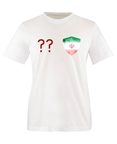 Comedy Shirts – Iran Trikot – Wappen: Klein – Wunsch – Kinder T-Shirt – Weiss / Rot Gr. 98-104