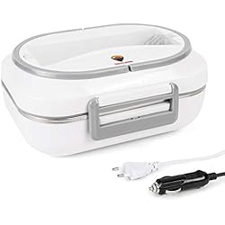 Fiambrera Eléctrica 2 en 1 para Coche y Trabajo - Tartera Termo Comida Caliente Acero Inoxidable 12V y 220V - Taper 45W con Cuchara Tenedor Incluidos y Tres Compartimentos