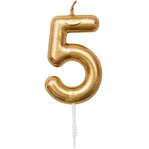 Gold Number 5 Birthday Candle for 5th Birthday or Anniversary Celebration