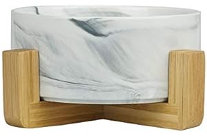 HCHLQLZ Marmo Nero Ceramica Ciotole per Cani Gatti Ciotola Cane Gatto per Cibo Acqua -Combinato con Supporto in bambù